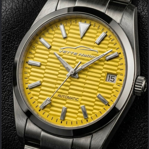 A wristwatch with a bright yellow textured dial and a silver-toned metal case and bracelet, shown on a dark textured background. The watch is displayed within a smartphone app interface that says 'Here's your generated image.